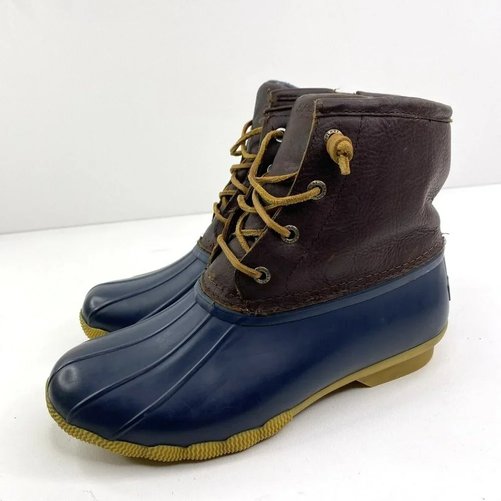 Sperry Saltwater Duck Rain Boots Leather Rubber Brown Navy Women's Size 7